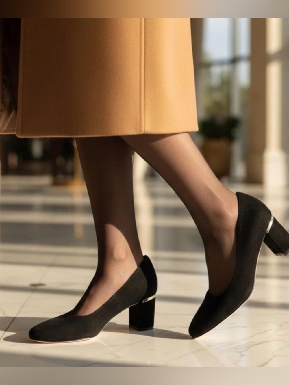 kate spade Black Block Heel Pumps with Gold Accent